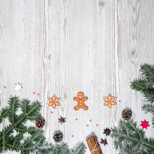 Christmas background on the wooden desk photo