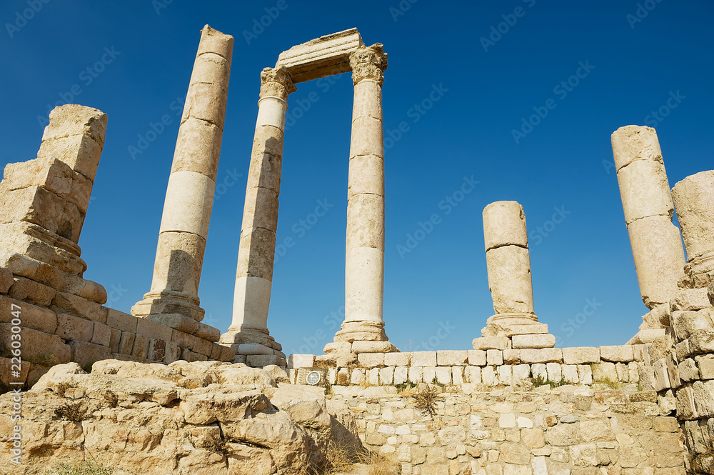 Ancient stone columns at the Citadel of Amman in Amman, Jordan.