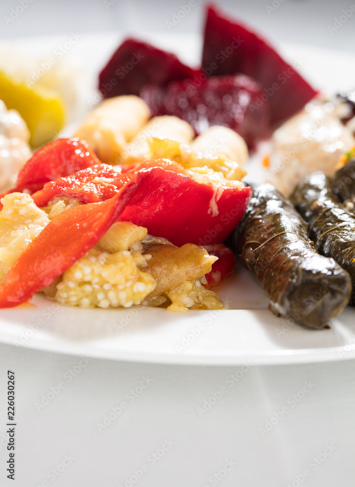meze vegetarian starter in restaurant on white background meze vegetarian starter in restaurant on white background