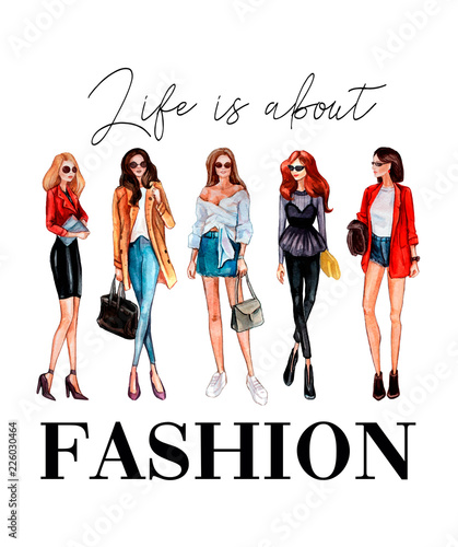 Life is about fashion t-shirt design with stylish girls and lettering. Vector illustration