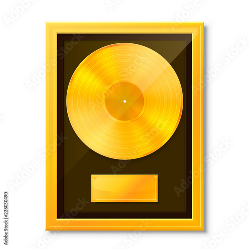 Golden vinyl in frame on wall, Collection disc, template design element, Vector illustration