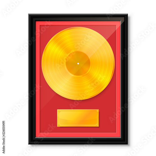 Golden vinyl in frame on wall, Collection disc, template design element, Vector illustration