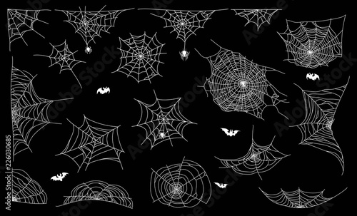 Spider web set on dark background. Cobweb elements design. Vector illustration