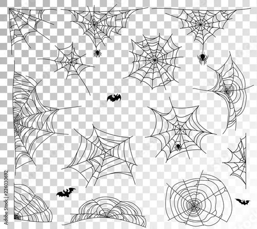 Spider web set on transparent background. Cobweb elements design. Vector illustration