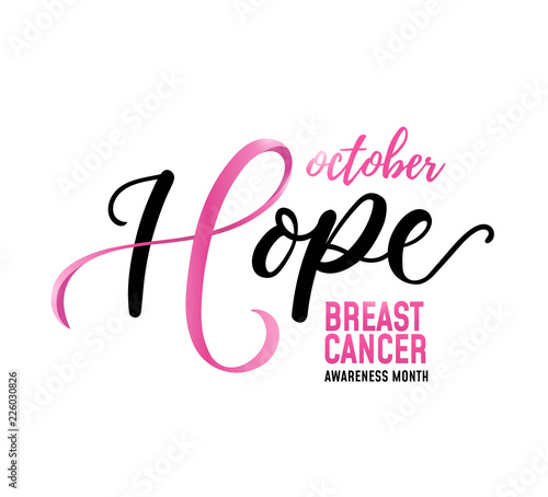 Hope inscription with ribbon for Breast cancer awareness month modern design template with brush lettering. Vector illustration