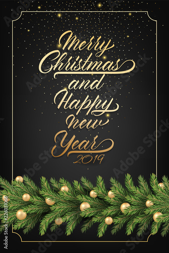 Holiday's Background for Merry Christmas greeting card with a realistic garland of pine tree branches, decorated with Christmas balls, Candy Canes, red berries