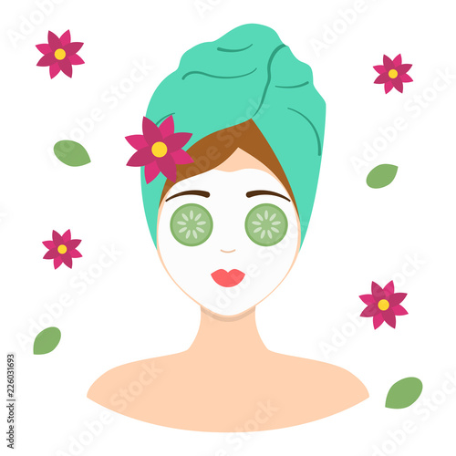 Fototapeta Naklejka Na Ścianę i Meble -  Young woman in cosmetic mask with cucumber. Flowers elements of SPA care. Flat design vector illustration.