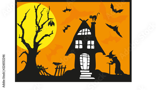 Halloween mit Hexe, schwarzen Katzen, einer schwarzen Krähe und vielen Fledermäusen