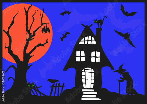 Halloween mitBlutmond und Hexe, schwarzen Katzen, einer schwarzen Krähe und vielen Fledermäusen