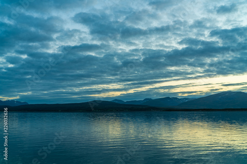 View of the fjord from Tromso on the island of Tromsoja  Norway during sunset