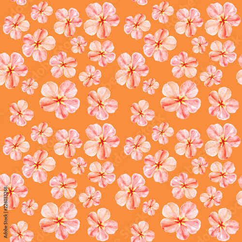 Handpainted watercolor seamless pattern with pink mallow flowers Abutilon on orange background