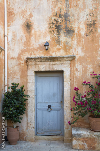 Monks cell entrance door in Monastery of Agia Triada, Crete, Greece