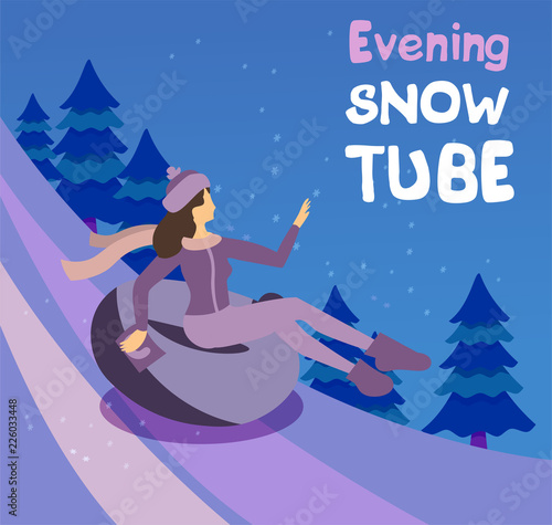 Vector cartoon flat girl in hat sledging along the slope with fir trees at inflatable tube, snowtubing outdoors in winter at evening. Young woman sledding on snow rubber tube. Winter activity