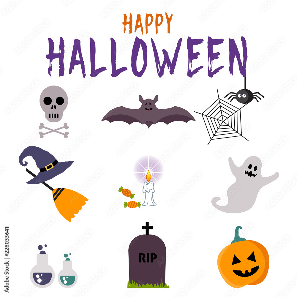 Set of Halloween Fun and Colorful Design Elements and Icons on White Background