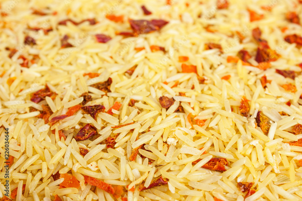 Background texture of basmati rice with dried vegetables Background texture of basmati rice with dried vegetables