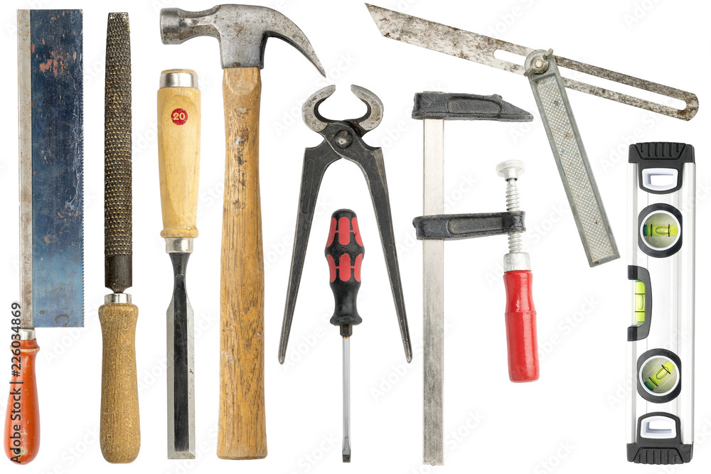 collection of carpenter tools, isolated on white collection of carpenter tools, isolated on white