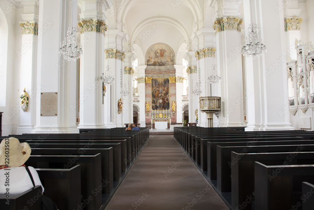 Interior and decor with statue inside Jesuitenkirche church at Heidelberg in Baden-Wurttemberg, Germany