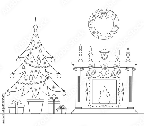 Christmas linear card with Christmas tree and fireplace. Interior decorated with the new year. Vector colorong page.