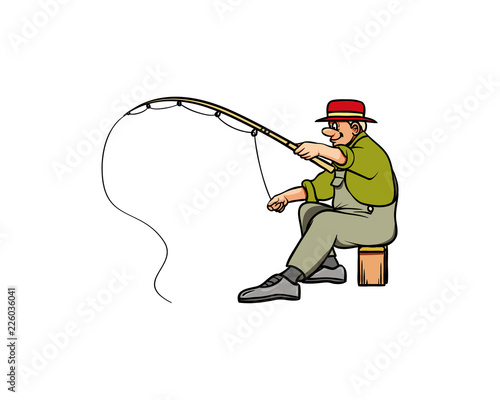 Old Man Fishing on the River Symbol Cartoon Logo Vector Stock