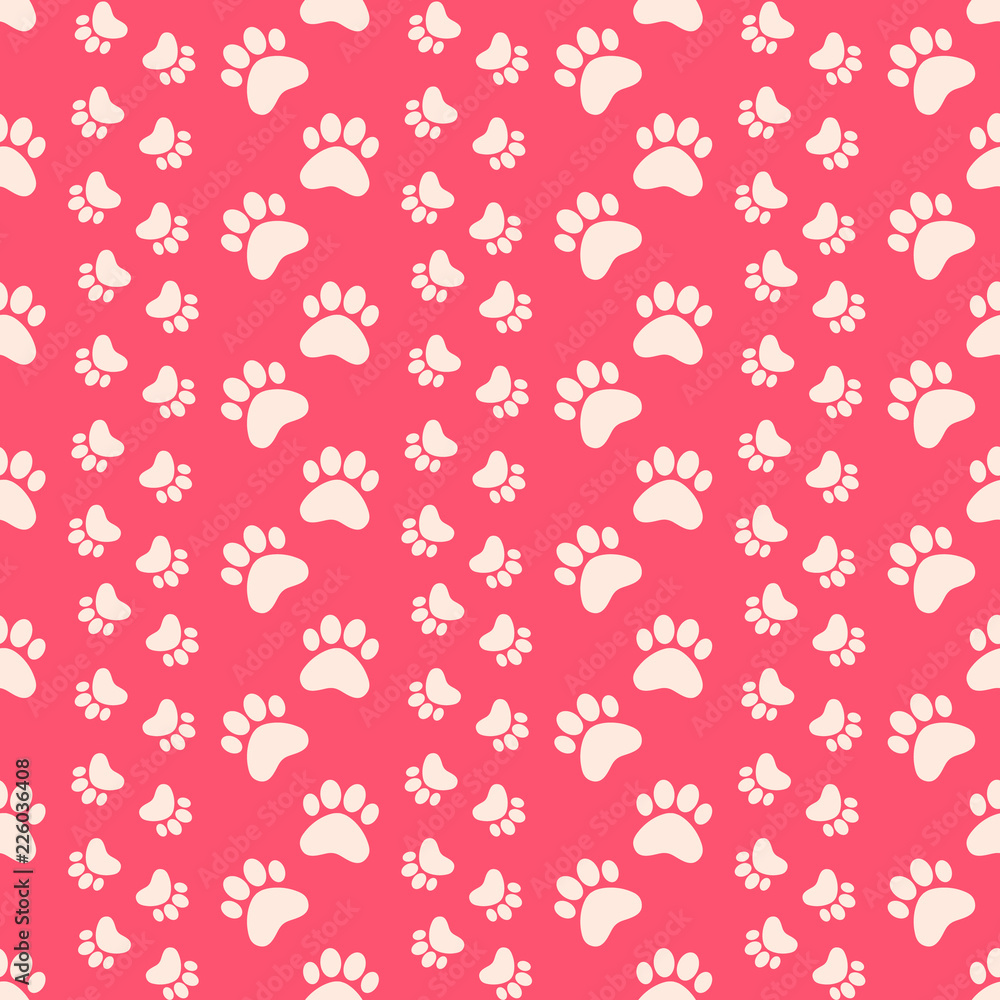 Paw print background. Cat, dog footprint seamless pattern.
