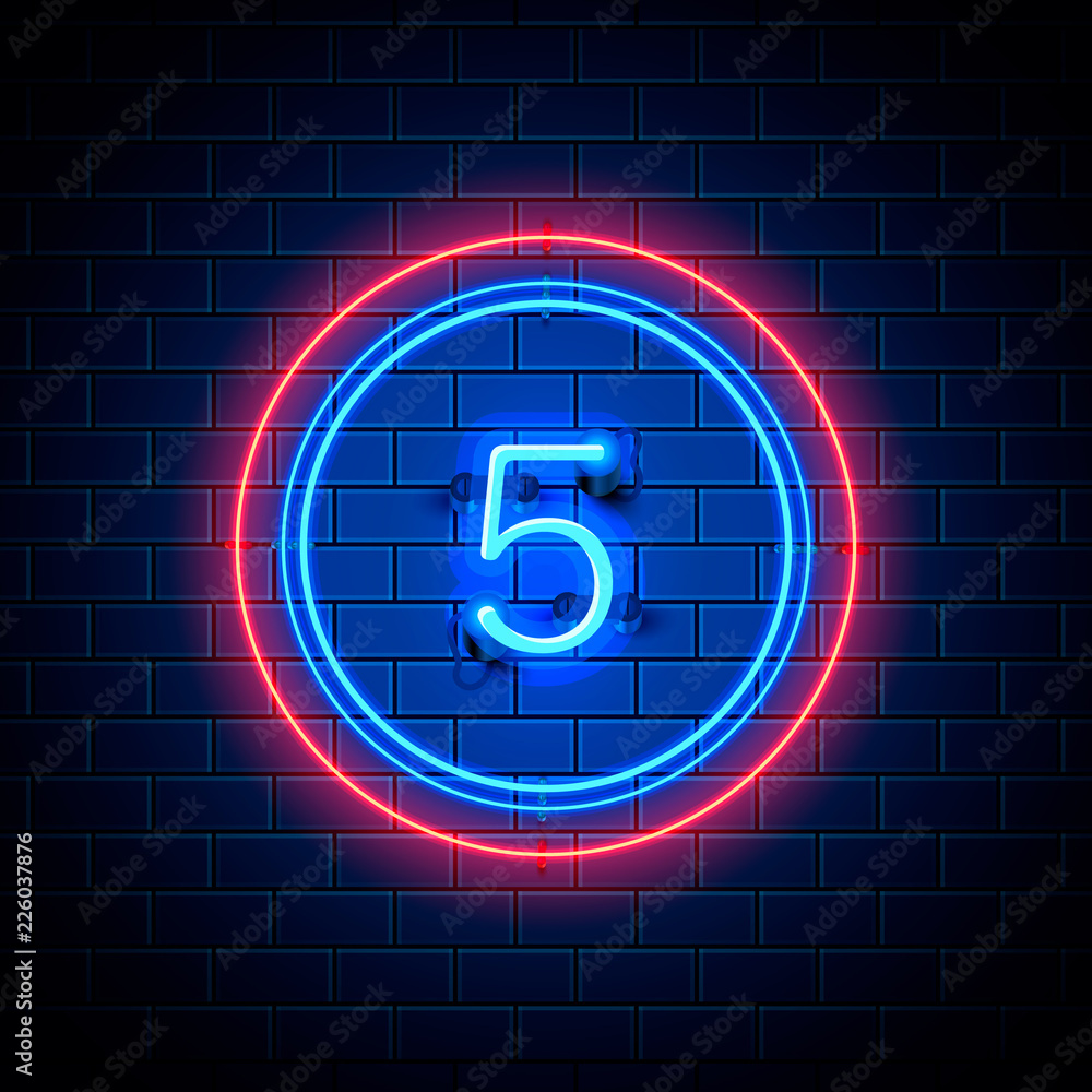 Neon city font sign number 5, signboard five. Vector illustration Neon city font sign number 5, signboard five. Vector illustration