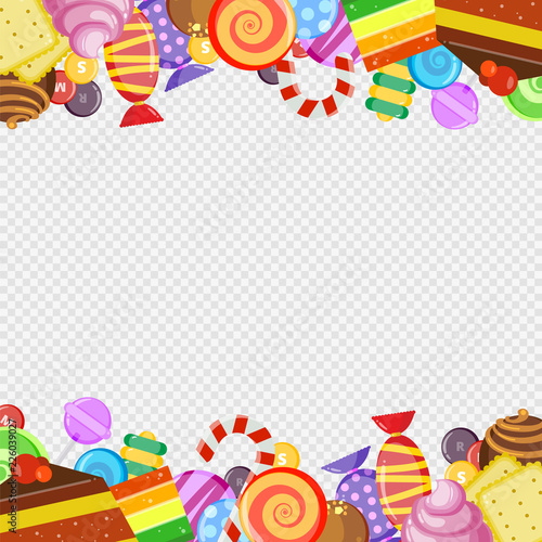 Abstract frame with sweets. Colorful caramel and chocolate candies biscuits and cakes lollipop sweet and juicy vector cartoon border template