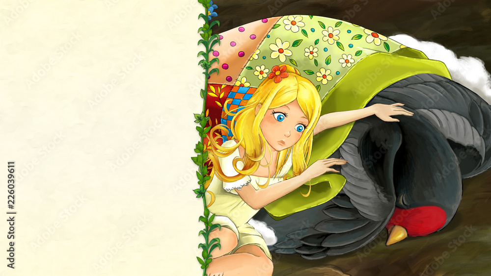 cartoon fairy tale scene with beautiful young girl taking care of cuckoo  bird - with frame for text - illustration for children Stock Illustration |  Adobe Stock
