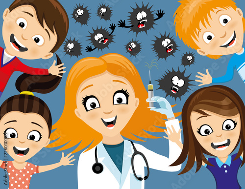 Cheerful doctor with a syringe and healthy kids around.
