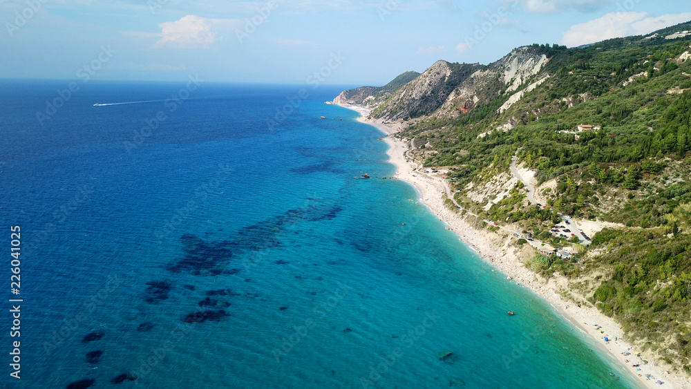 Aerial drone photo of popular beach of Kavalikefta with turquoise clear sea in island of Lefkada, Ionian, Greece