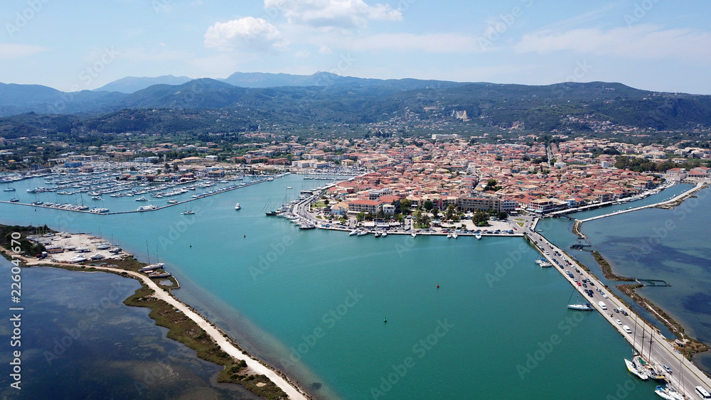 Aerial drone bird's eye view photo from popular and picturesque main town of Lefkada island, Ionian, Greece
