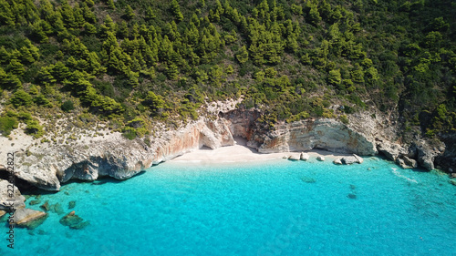 Aerial drone bird's eye view photo of small rocky beach next to iconic beach of Milos and Agios Nikitas in island of Lefkada, Ionian, Greece
