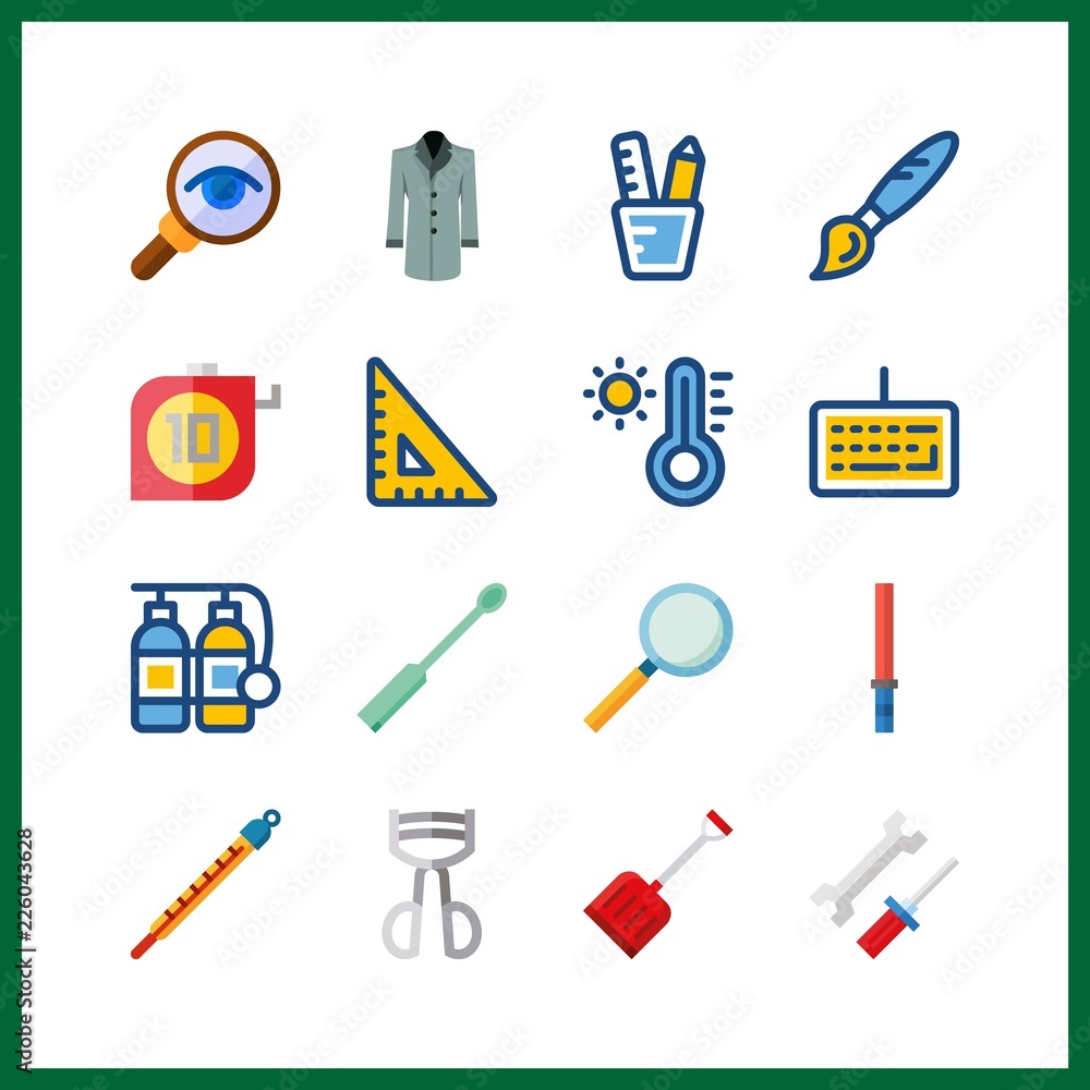 16 tool icon. Vector illustration tool set. pencil case and test tubes brush icons for tool works 16 tool icon. Vector illustration tool set. pencil case and test tubes brush icons for tool works