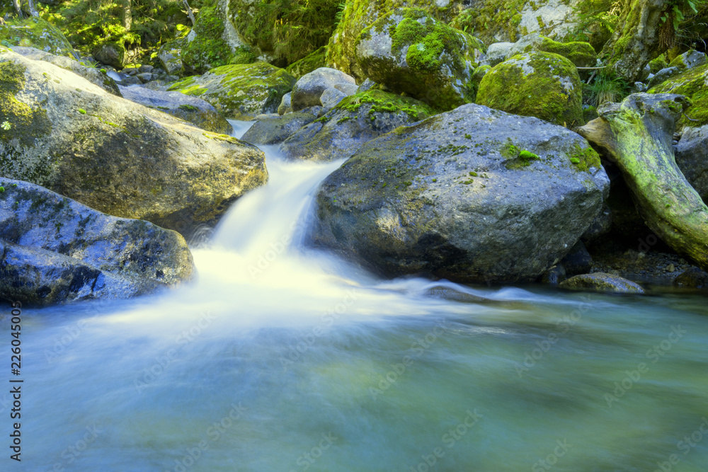 Mountain stream, water flowing over rocks in a little creek in the forest Mountain stream, water flowing over rocks in a little creek in the forest
