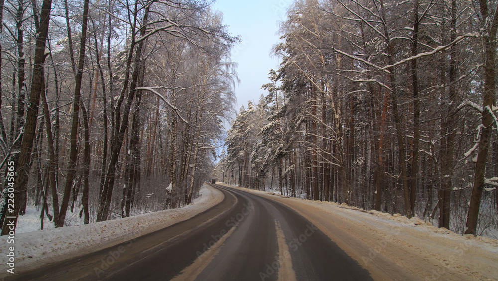 Fototapeta premium Snow road in the forest in winter