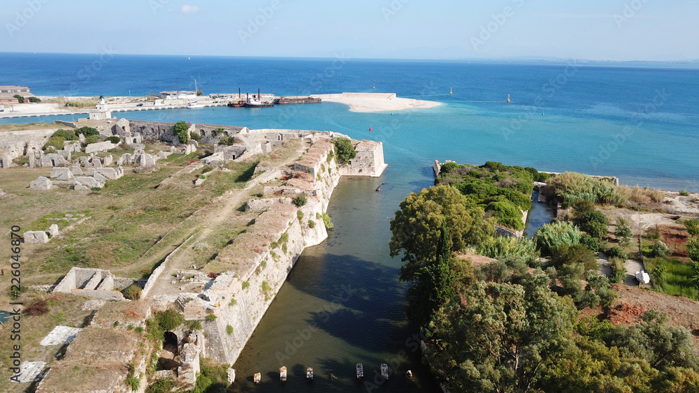 Aerial drone photo of famous landmark medieval Venetian Castle of Agia Mavra or Santa Mavra, Lefkada island, Ionian, Greece