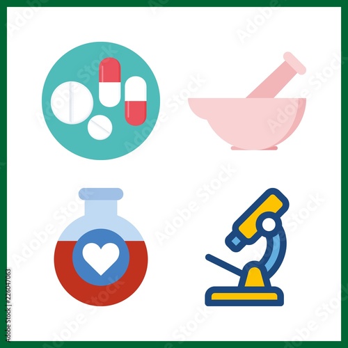 4 medicine icon. Vector illustration medicine set. potion and mortar icons for medicine works