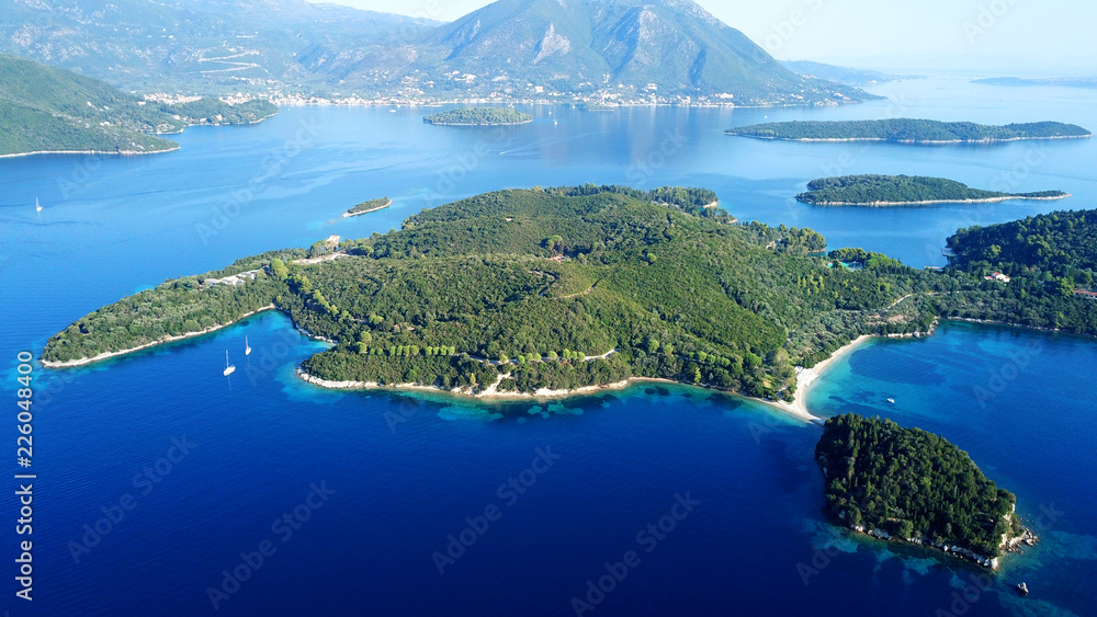 Aerial drone bird's eye view photo of iconic island of Skorpios ...
