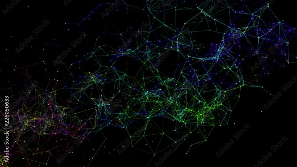 multi-colored connected particles slowly moving on a black background. animated abstract background. 3d rendering