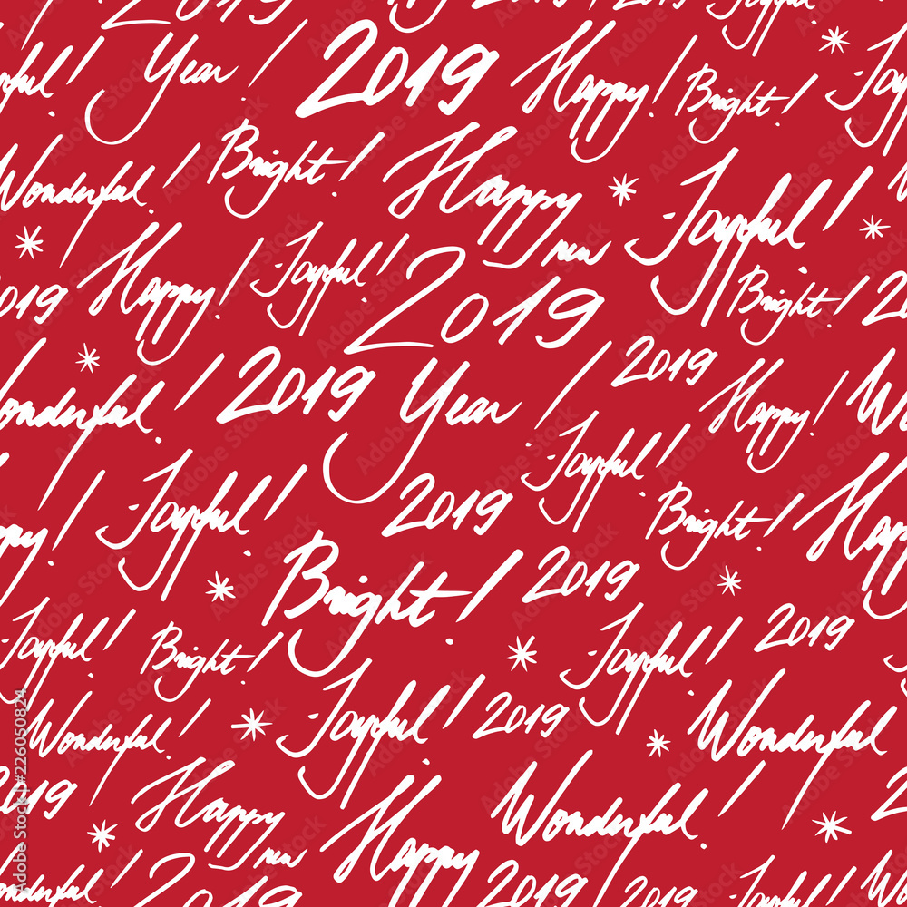 Happy New Year Greetings 2019 Decorative Seamless Pattern on Red Happy New Year Greetings 2019 Decorative Seamless Pattern on Red