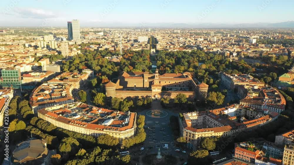 Aerial panoramic view of cityscape of Milan, historic medieval fortress Sforza Castle and Sempione Park, landscape panorama of Italy from above, Europe