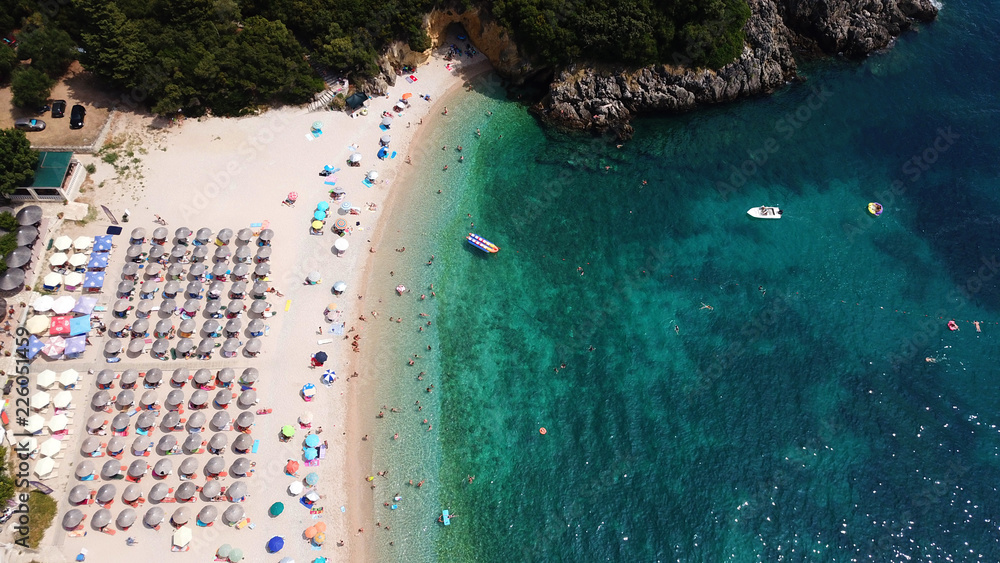Aerial drone photo of popular beach of Megali Amos near iconic area of Sivota, Epirus, Ionian, Greece