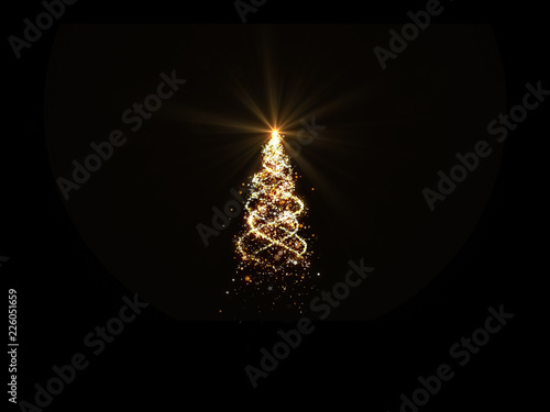 Gold Christmas tree lights with snowflakes and stars on black background for overlay. photo