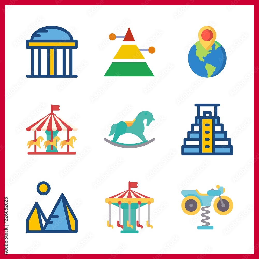 9 attraction icon. Vector illustration attraction set. pyramid and temple icons for attraction works 9 attraction icon. Vector illustration attraction set. pyramid and temple icons for attraction works