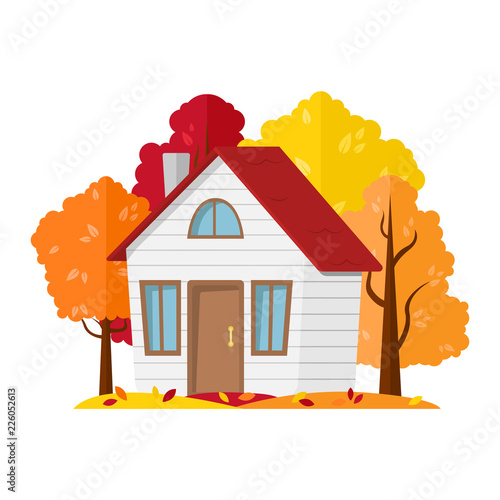 Vector autumn landscape. Country house in the autumn forest.