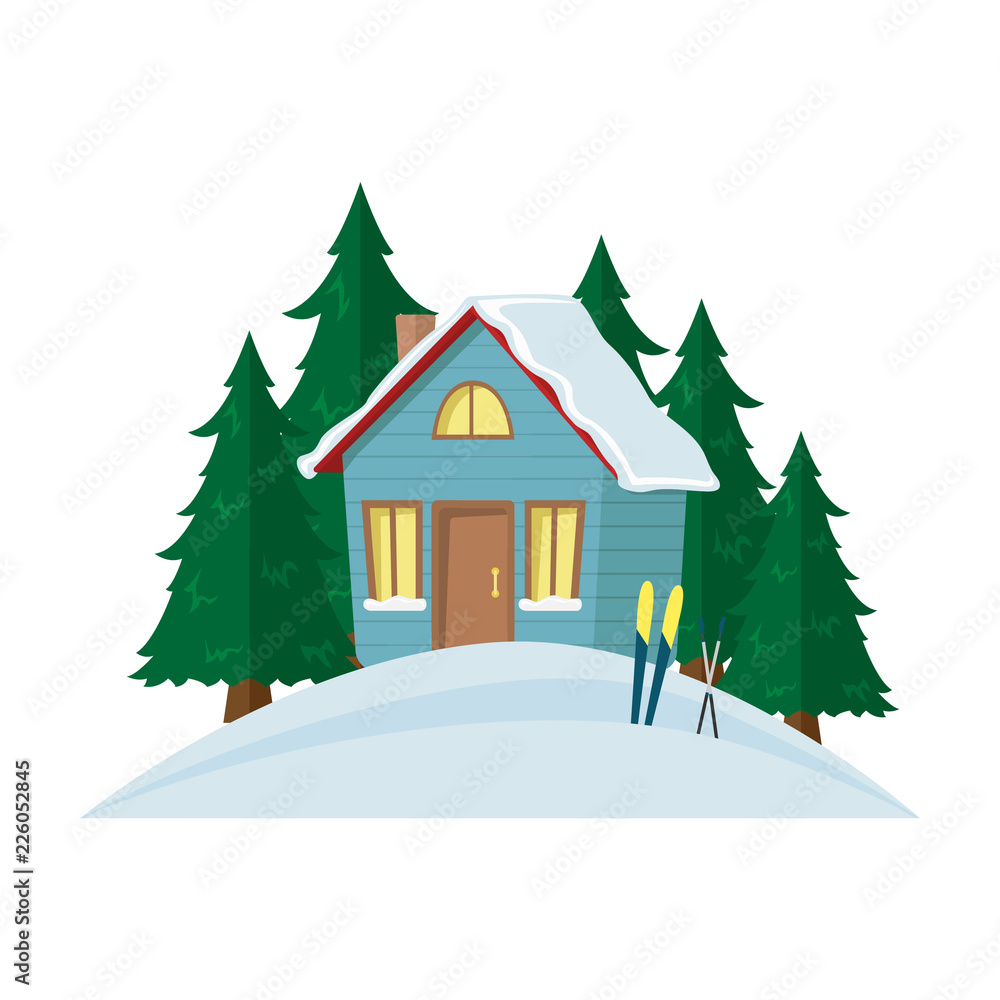Winter mountain landscape background with country house. Isolated Flat Vector Illustration. Christmas season. Winter mountain landscape background with country house. Isolated Flat Vector Illustration. Christmas season.