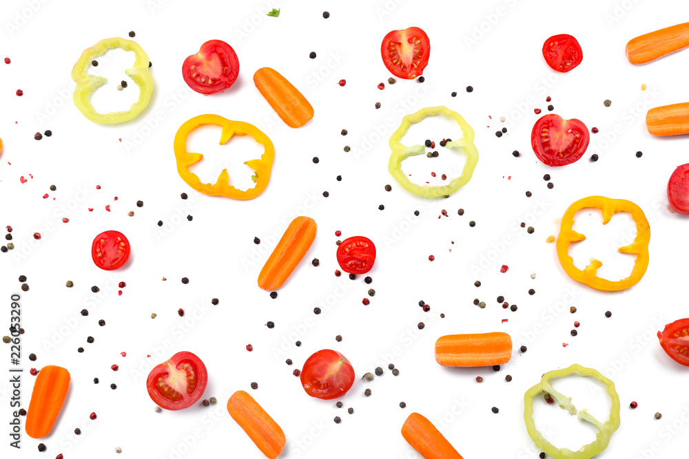 Various fresh vegetables with spices on white background Various fresh vegetables with spices on white background
