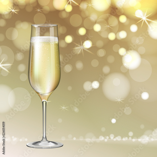 Realistic vector illustration of champagne glass on blurred holiday golden sparkle background