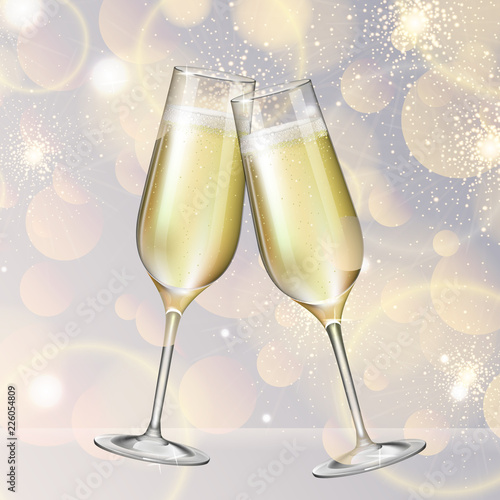 Realistic vector illustration of champagne glass on blurred holiday silver sparkle background