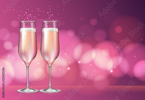 Realistic vector illustration of champagne glass on blurred holiday pink sparkle background