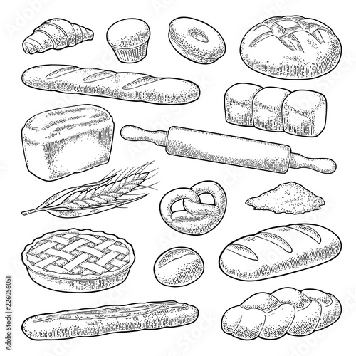 Set bread. Vector black vintage engraving illustration